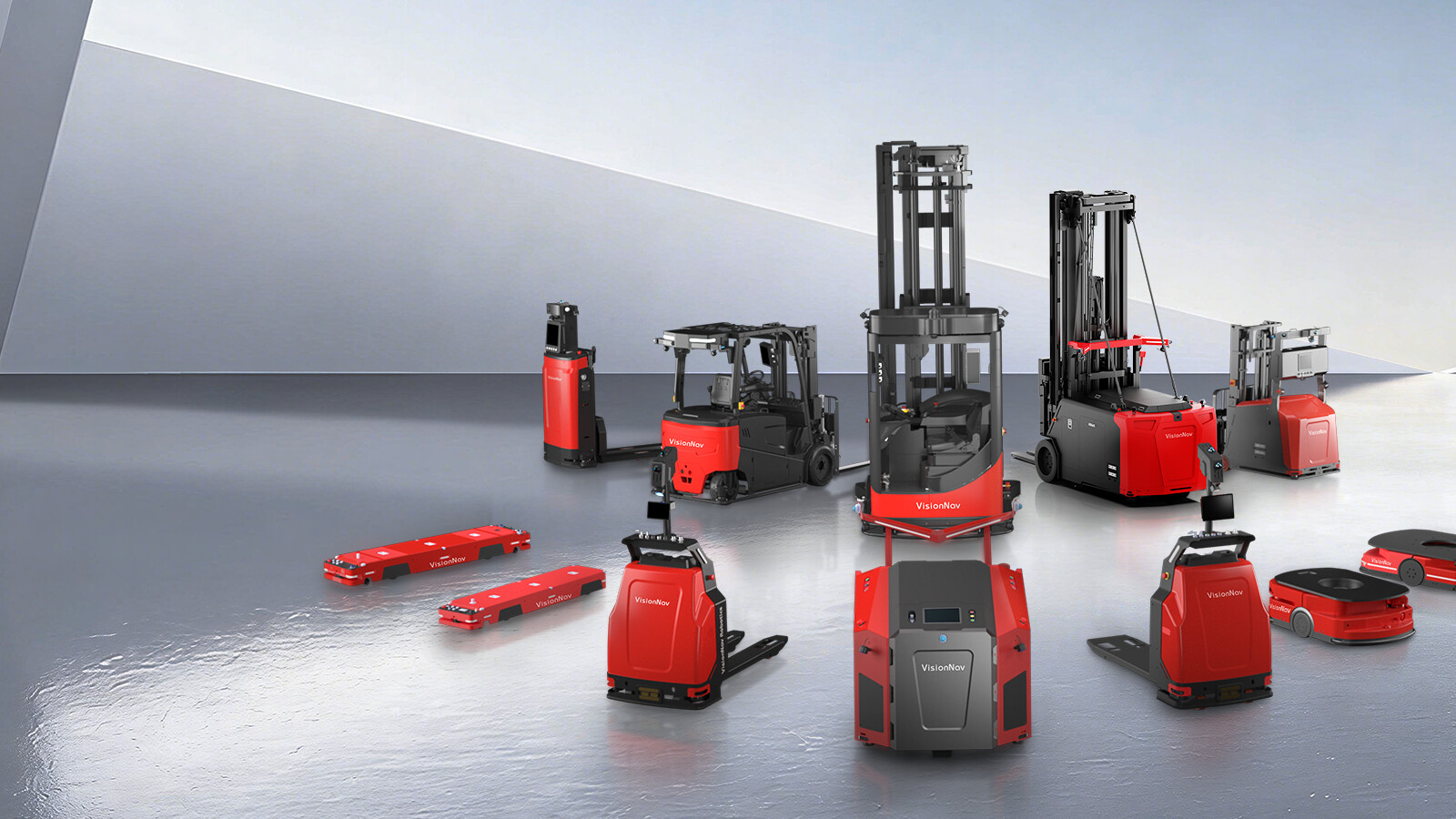 VisionNav autonomous forklift fleet, full portfolio across the warehouse